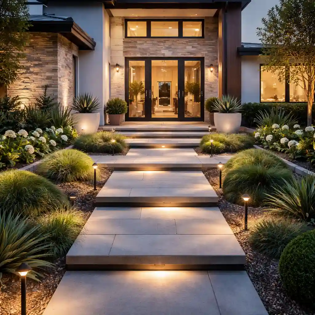 3D render of a modern home entry with clean hardscape pavers and steps.